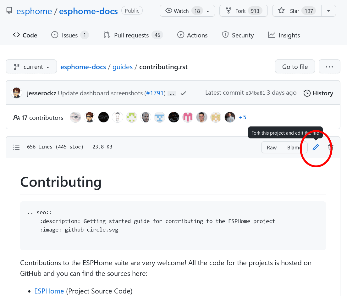 A screenshot of a Markdown file opened in GitHub, with the edit button circled